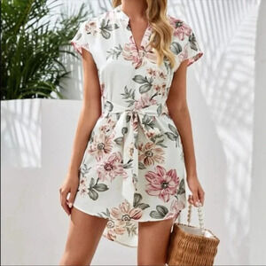 Boho Floral Print Mini Dress — Tie Waist Summer Dress | Sizes S, M, L